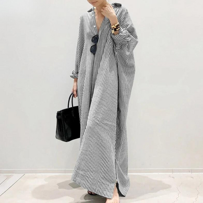 Eveloria Damen Oversized Hemdkleid Streifen Baumwolle Schwarzweiß - Eveloria