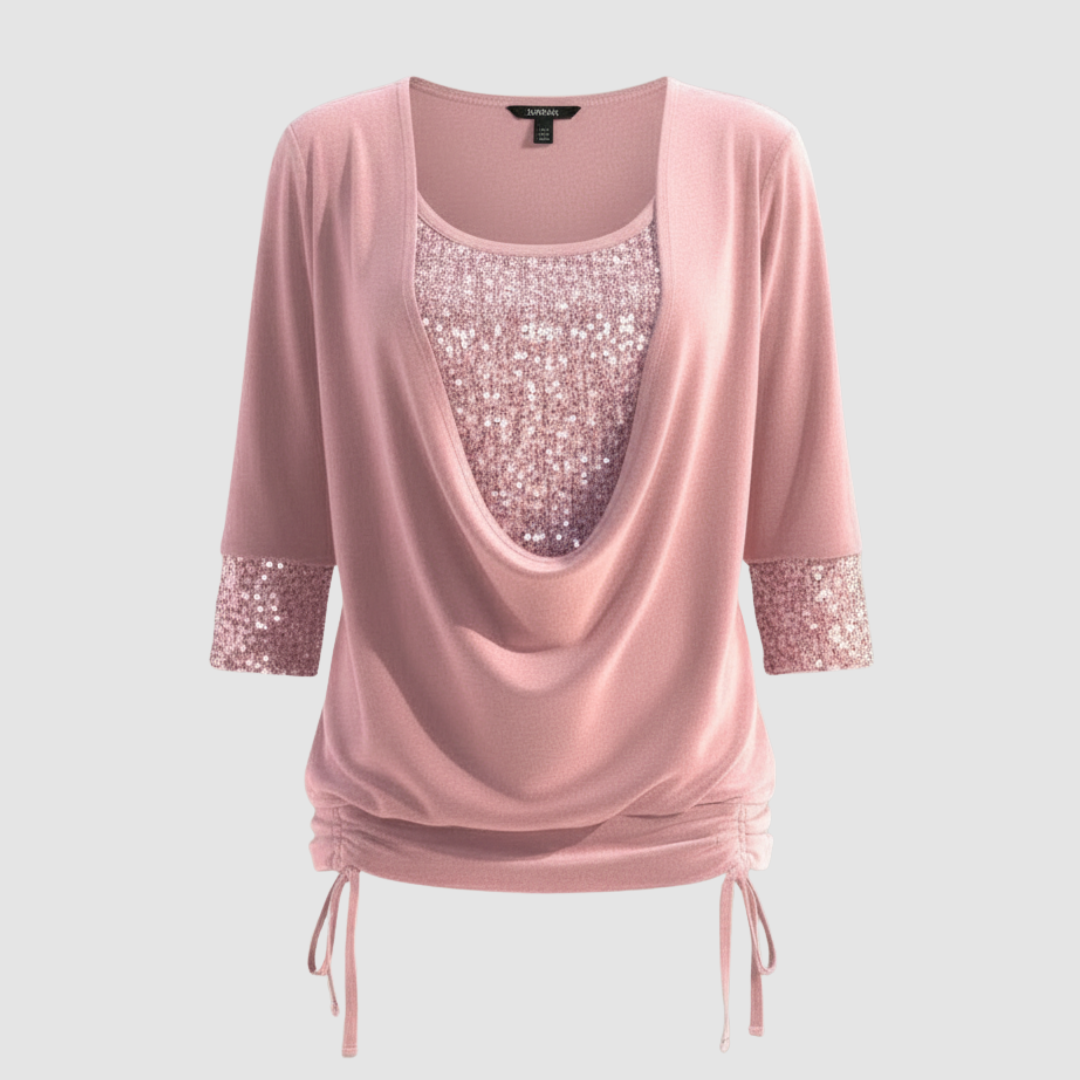 Damen Pailletten Langarmbluse Figurfreundlich