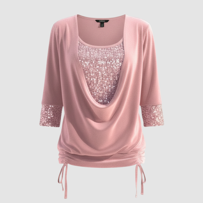 Damen Pailletten Langarmbluse Figurfreundlich