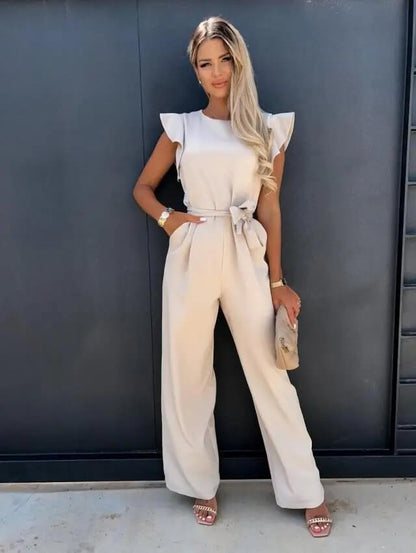Damen Jumpsuit Schmetterlingsärmel Mit Bindegürtel - Eveloria