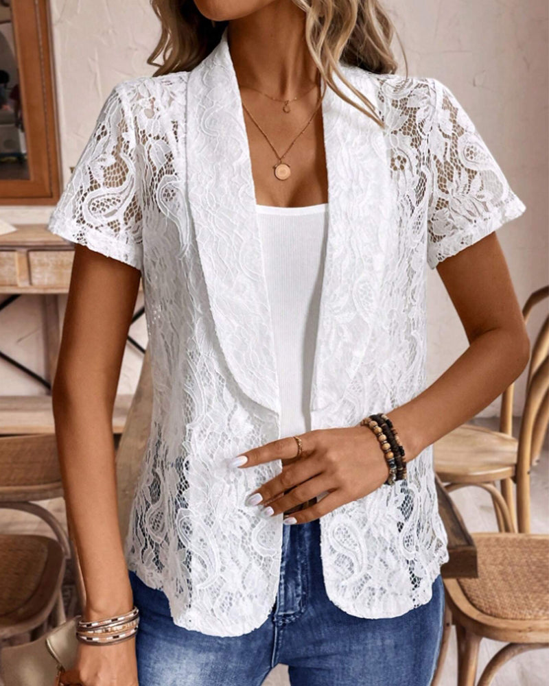 Damen Spitzenblazer Weiß Kurzärmelig mit Revers