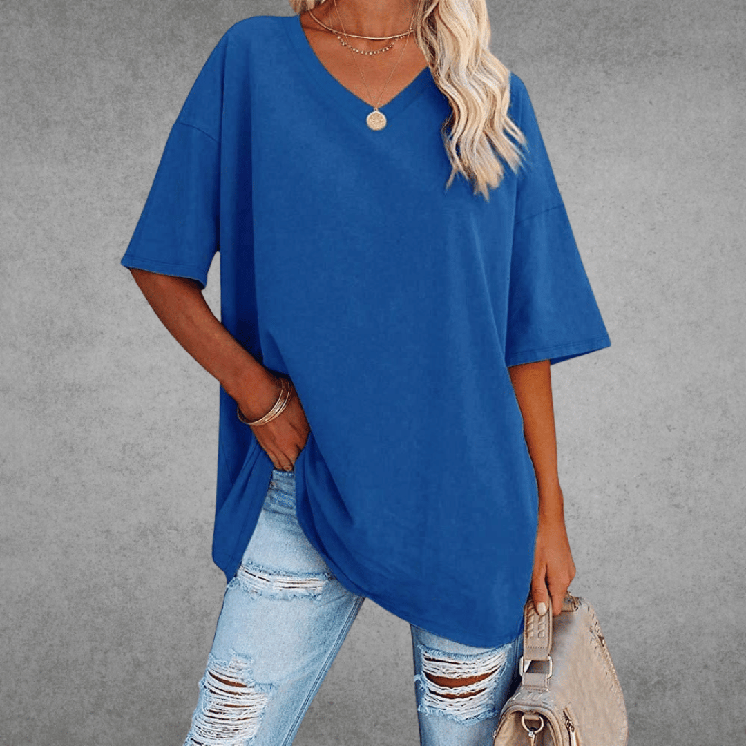 Damen T-Shirt V-Ausschnitt Einfarbig Übergroß