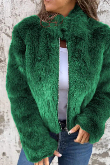 Damen Kunstpelz-Jacke Rollkragen Reißverschluss