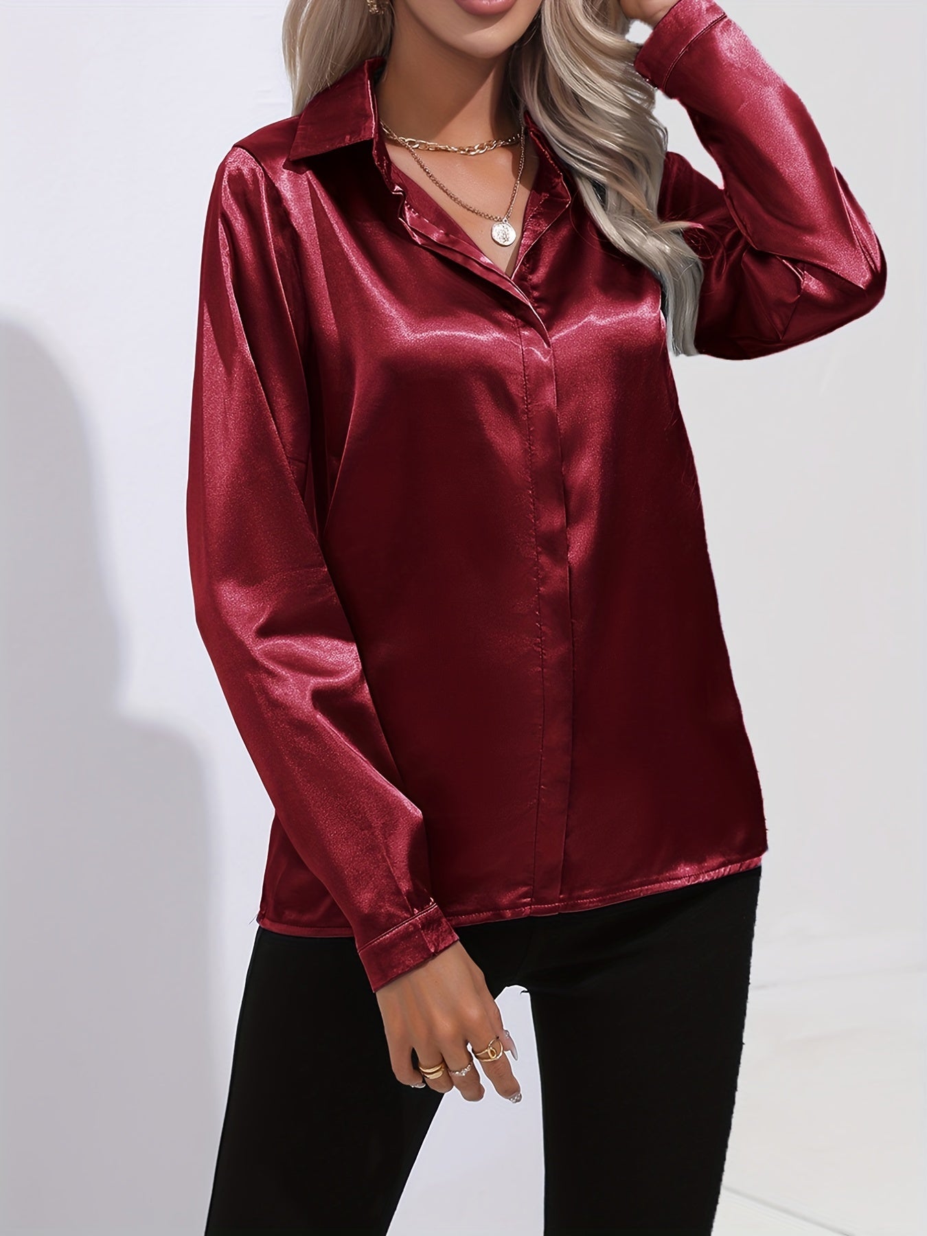 Damen Satin-Bluse Reverskragen Knopfleiste Eleganz