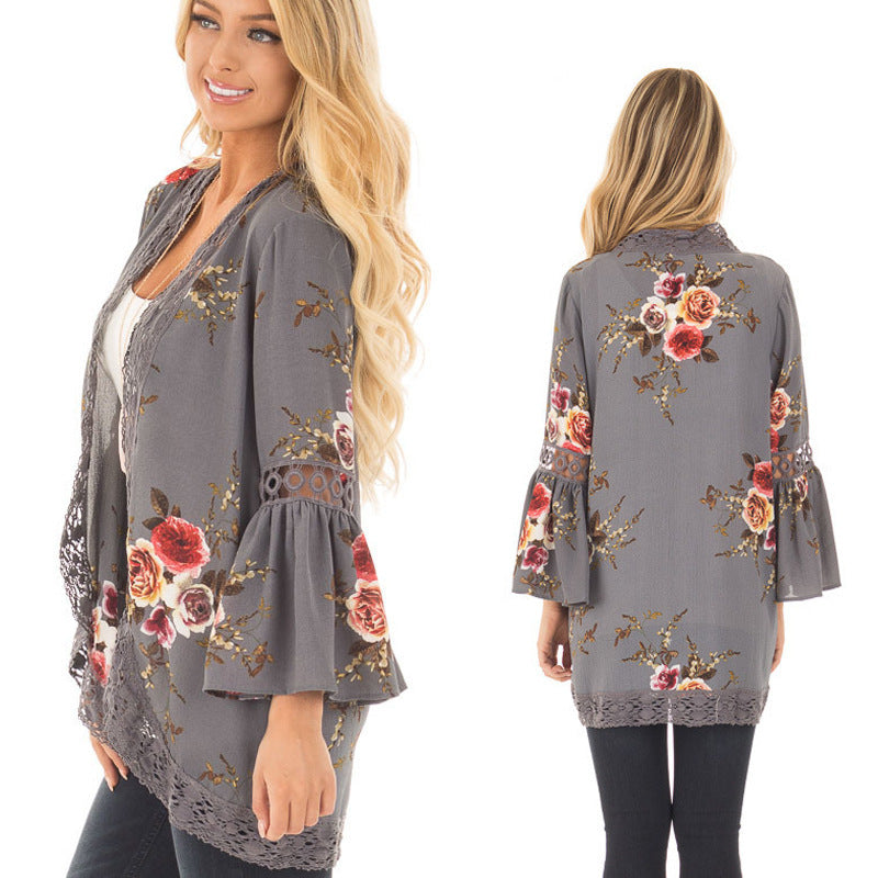 Damen Blumenjacke Gehäkelter Saum Eveloria - Eveloria