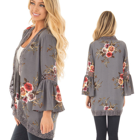 Damen Blumenjacke Gehäkelter Saum Eveloria - Eveloria