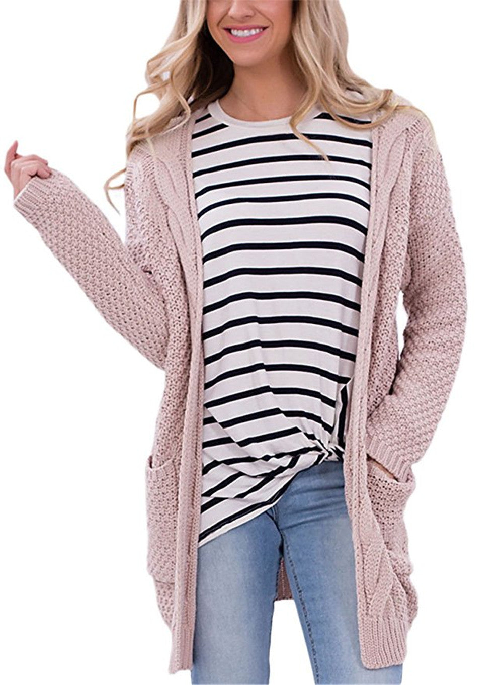 Damen Strickjacke Strukturiertes Muster Praktische Taschen Grau