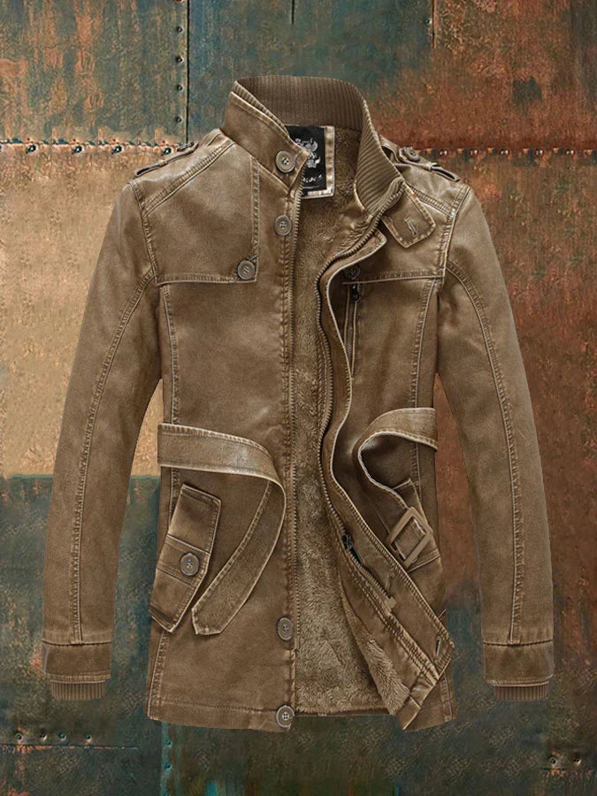 Herren Lederlook Mantel Lang Vintage Stil