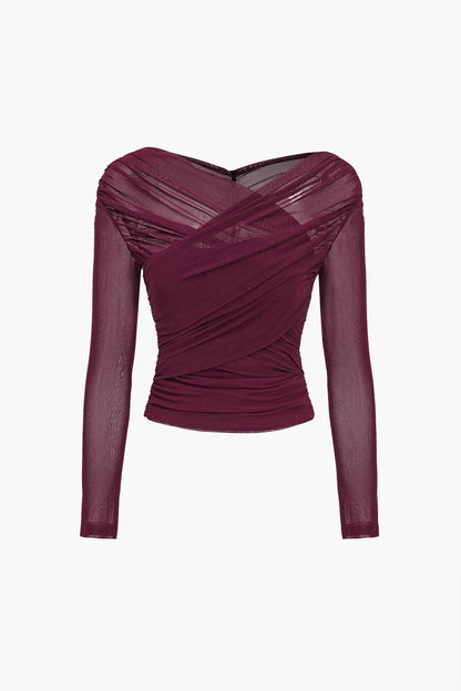 Damen Mesh-Oberteil mit Rüschen und langen Ärmeln