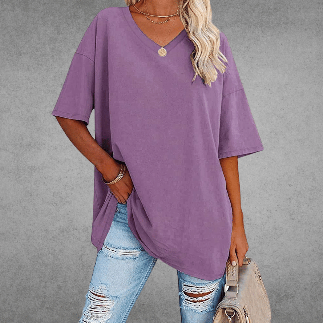 Damen T-Shirt V-Ausschnitt Einfarbig Übergroß
