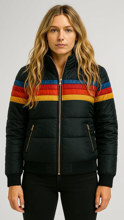 Damen Winterjacke Kapuze Streifenmuster
