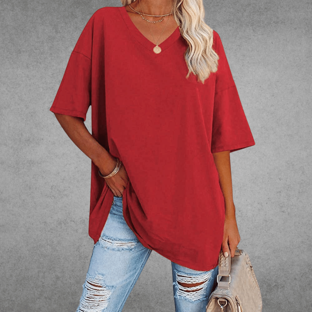 Damen T-Shirt V-Ausschnitt Einfarbig Übergroß
