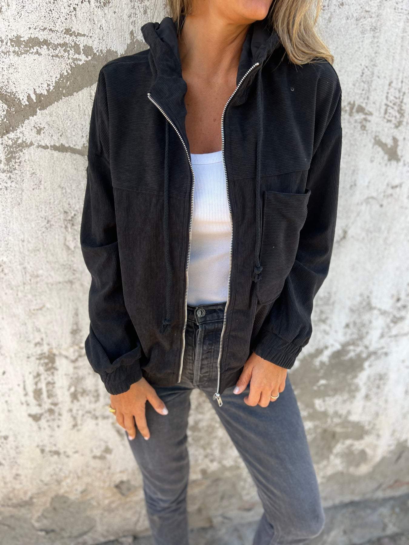 Eveloria Damen Cordjacke Reißverschluss Braun