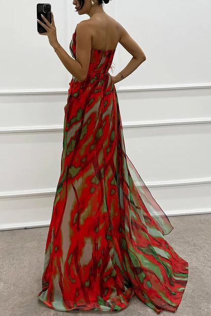 Damen Abendkleid Schulterfrei Maxilänge Hochschlitz
