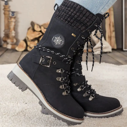 Damen Winterstiefel Leder Schnürverschluss Rutschfeste Sohle