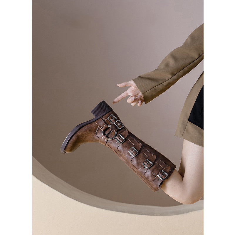 Damen Stiefel Chunky Absatz Schnalle