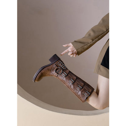 Damen Stiefel Chunky Absatz Schnalle