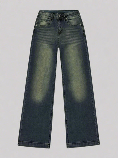 Damen Baggy Jeans Weites Bein Leicht Gewaschen Blau
