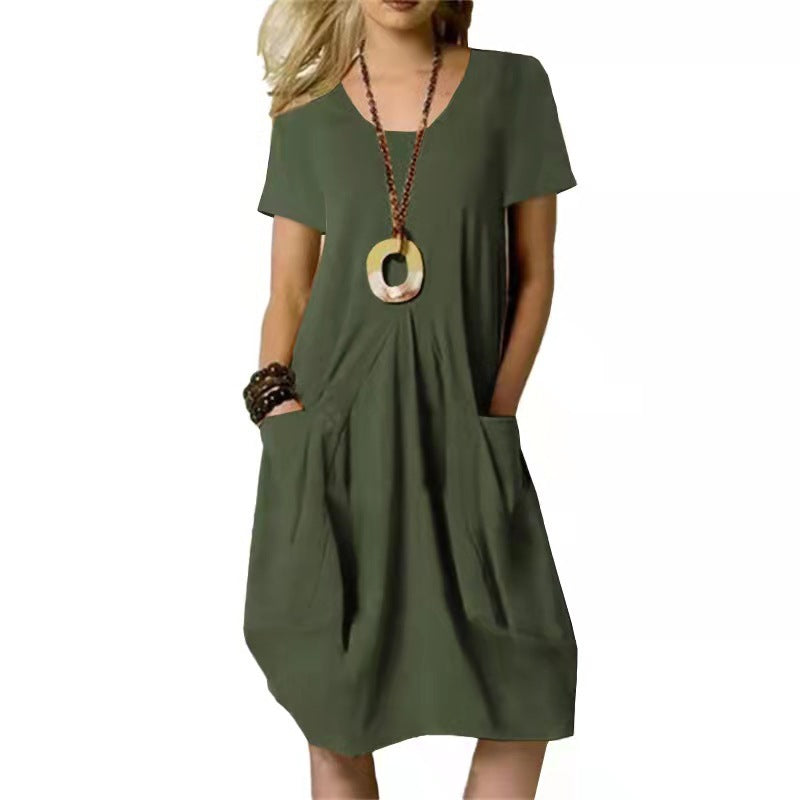 Damen Sommerkleid Rundhals Kurzarm Unifarben mit Taschen