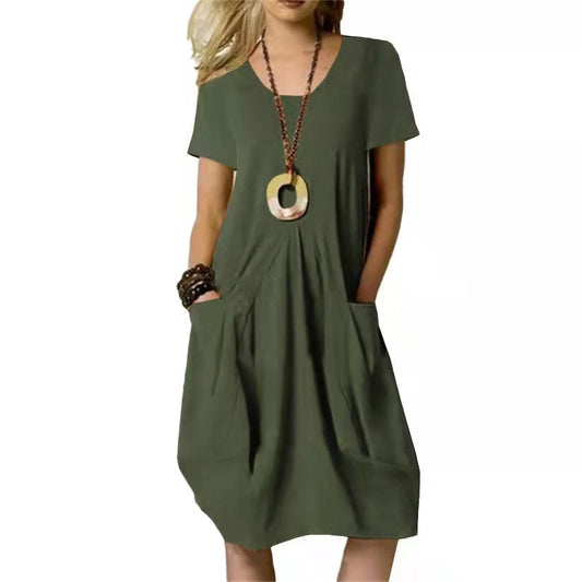 Damen Midikleid Kurze Ärmel Mit Taschen - Eveloria