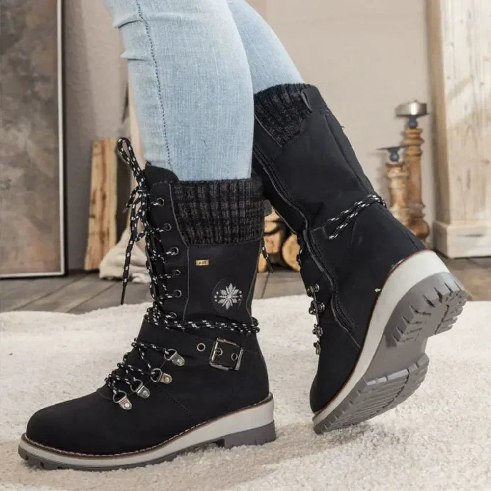 Damen Winterstiefel Leder Schnürverschluss Rutschfeste Sohle