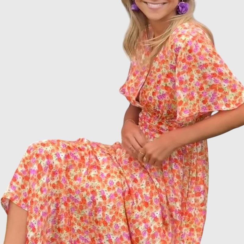 Damen Maxikleid Blumenmuster Kurzärmel