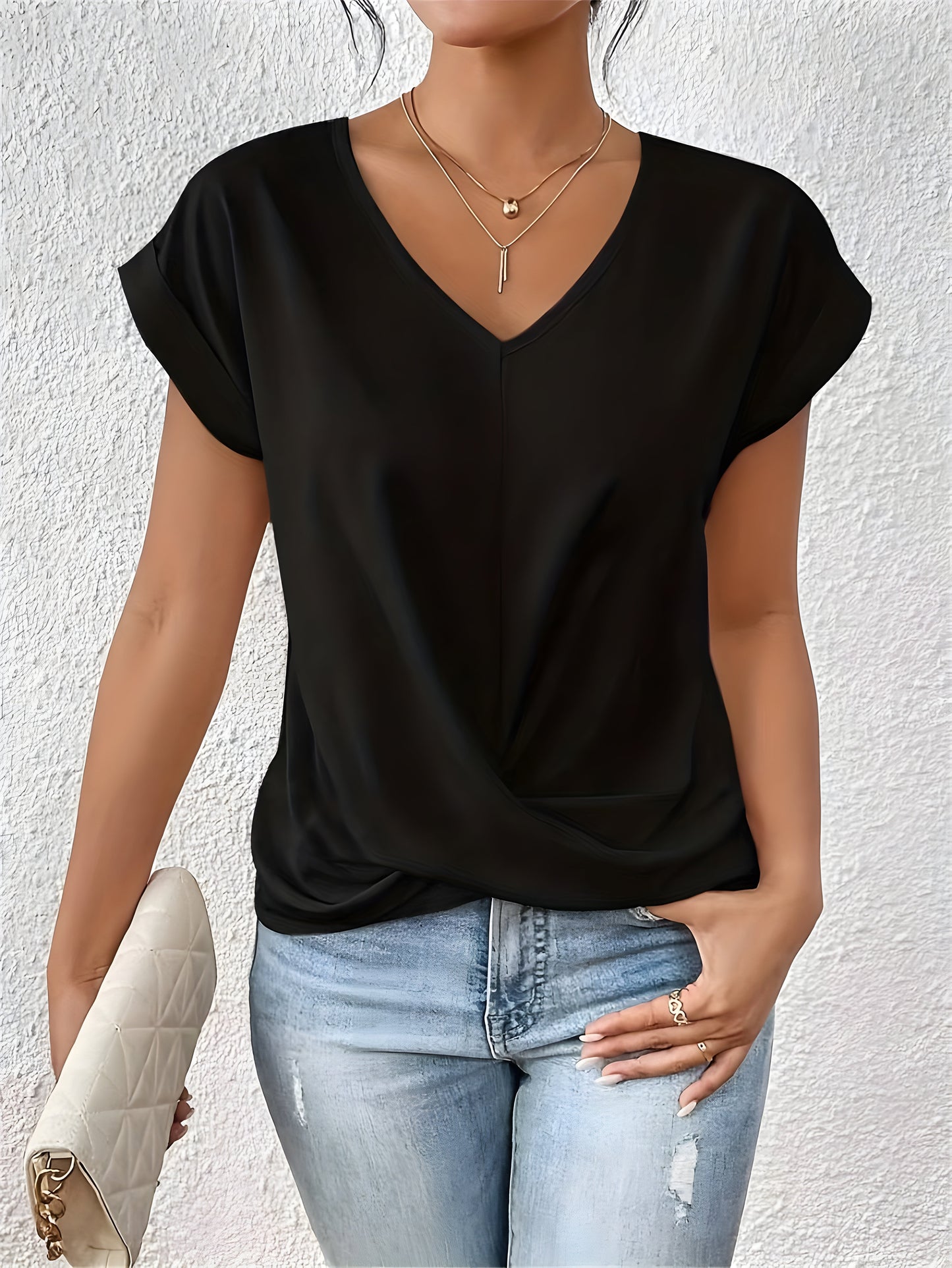 Damen T-Shirt V-Ausschnitt Einfarbig Kurzarm