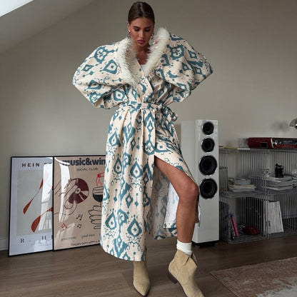 Damen Kimono-Mantel Beige-Türkis Bedruckt Federärmel