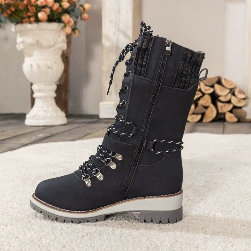 Damen Winterstiefel Leder Schnürverschluss Rutschfeste Sohle