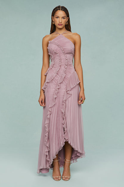 Damen Midikleid Rüschen Neckholder Gefaltet