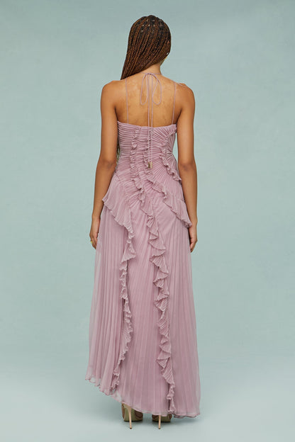 Damen Midikleid Rüschen Neckholder Gefaltet