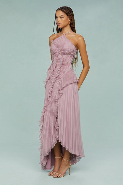 Damen Midikleid Rüschen Neckholder Gefaltet
