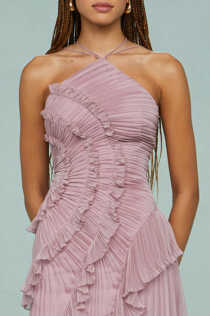 Damen Midikleid Rüschen Neckholder Gefaltet