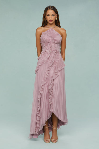 Damen Midikleid Rüschen Neckholder Gefaltet