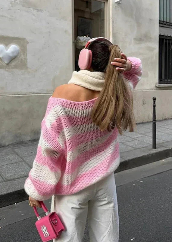 Damen Oversize Pullover Streifenmuster Bequem