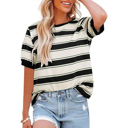 Damen T-Shirt Gestreift Rundhals Baumwolle Weiß/