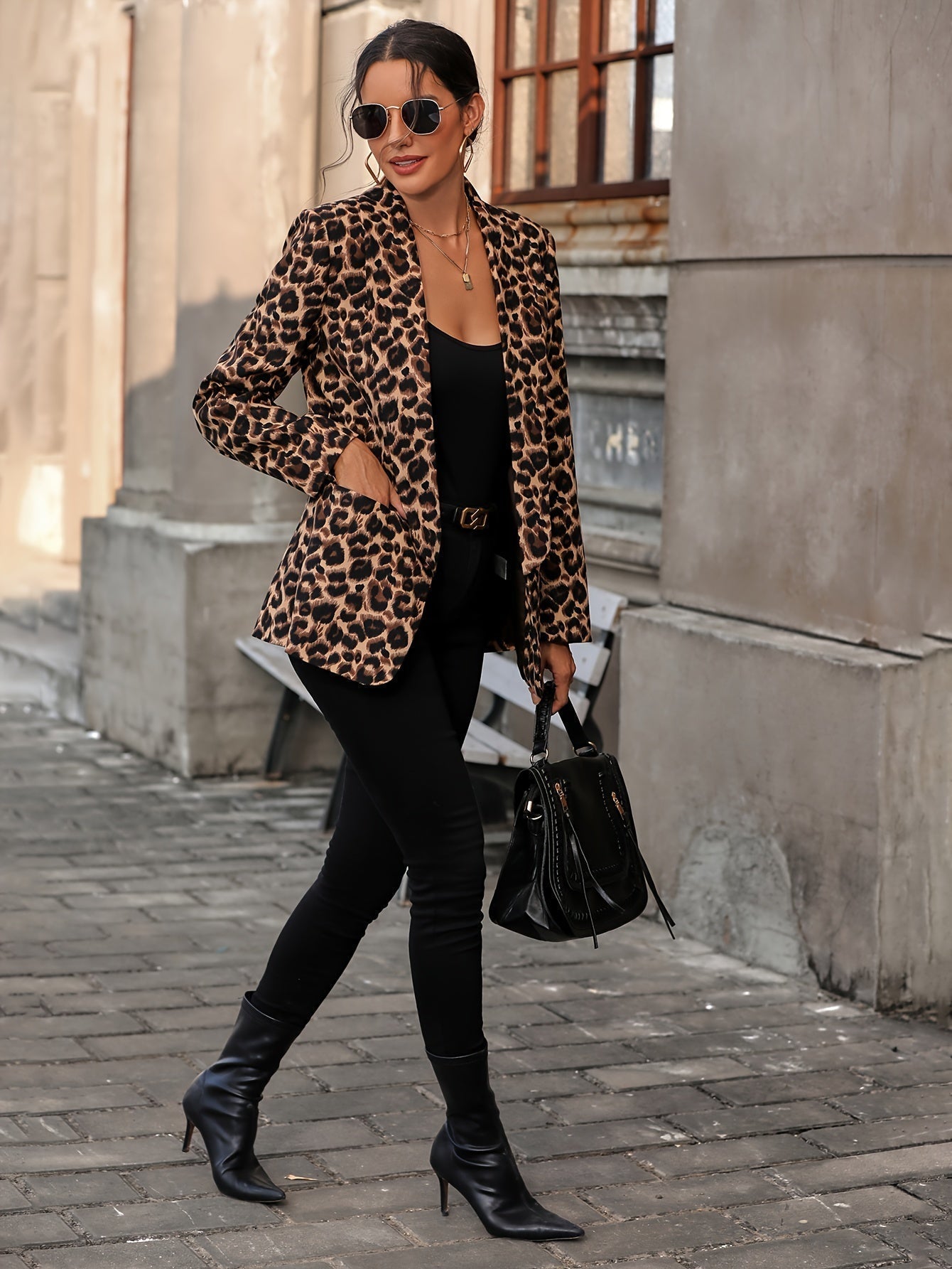 Eveloria Damen Business Langblazer Leopardenmuster