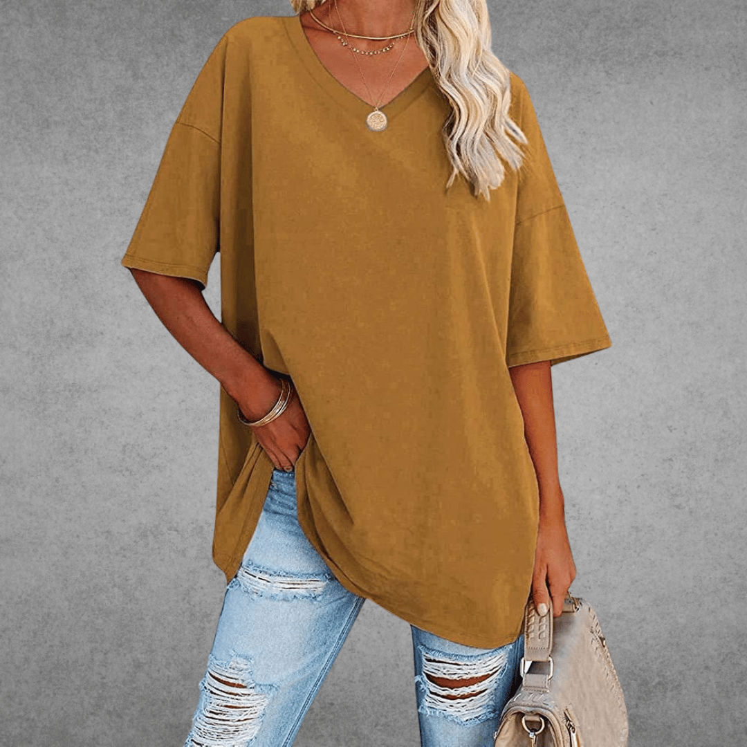Damen T-Shirt V-Ausschnitt Einfarbig Übergroß