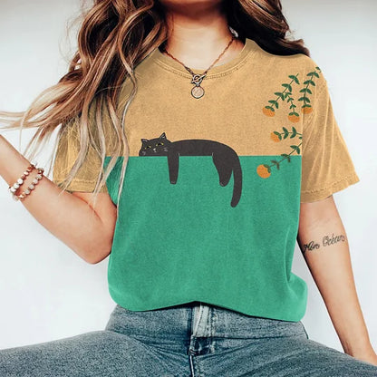 Eveloria Damen T-Shirt Katzen-Motiv Baumwolle
