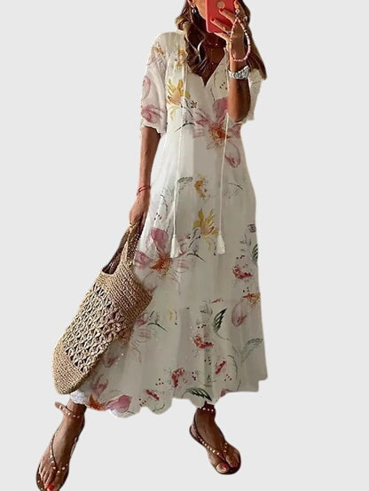 Damen Boho Maxikleid V-Ausschnitt