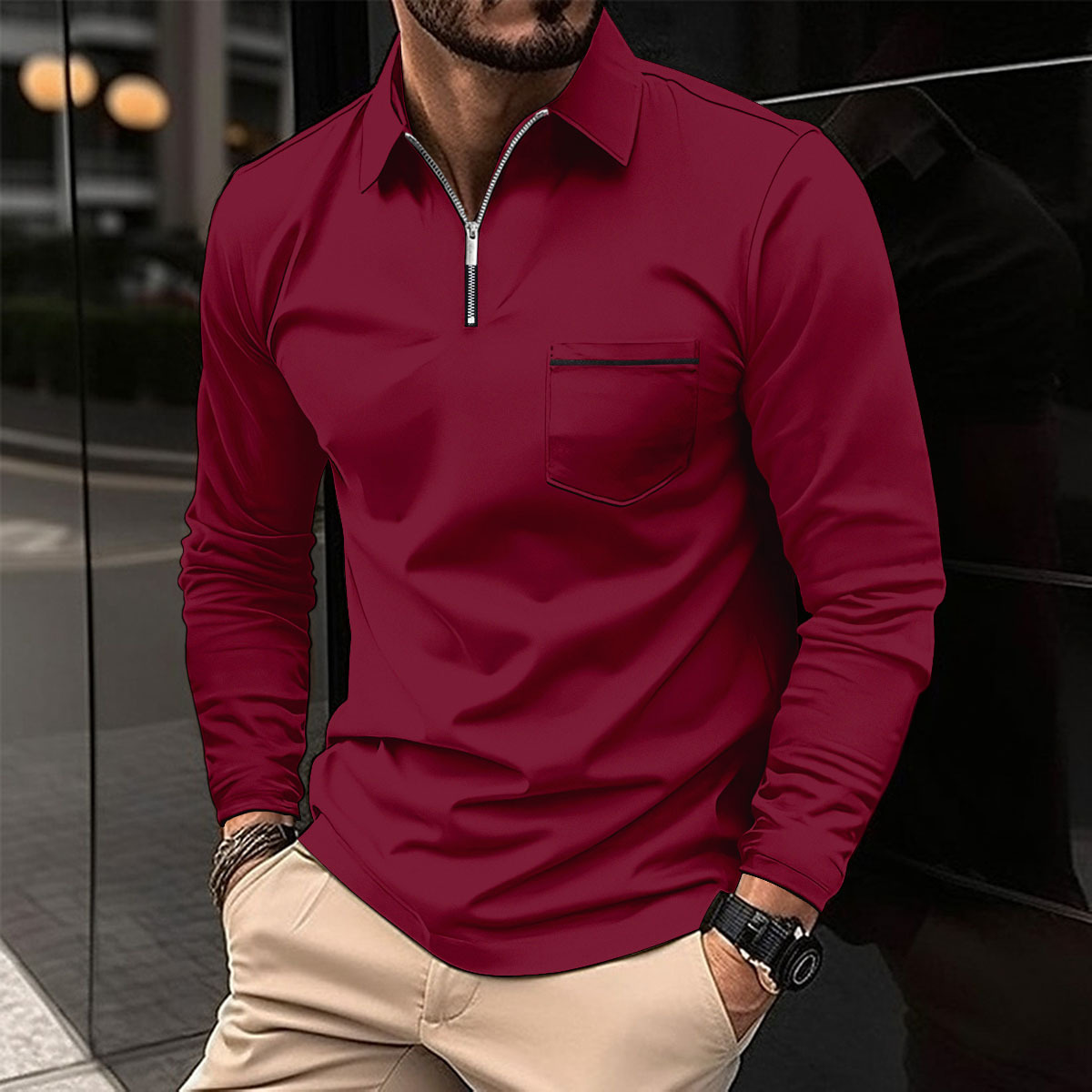 Herren Langarm Poloshirt Reißverschluss Elegant