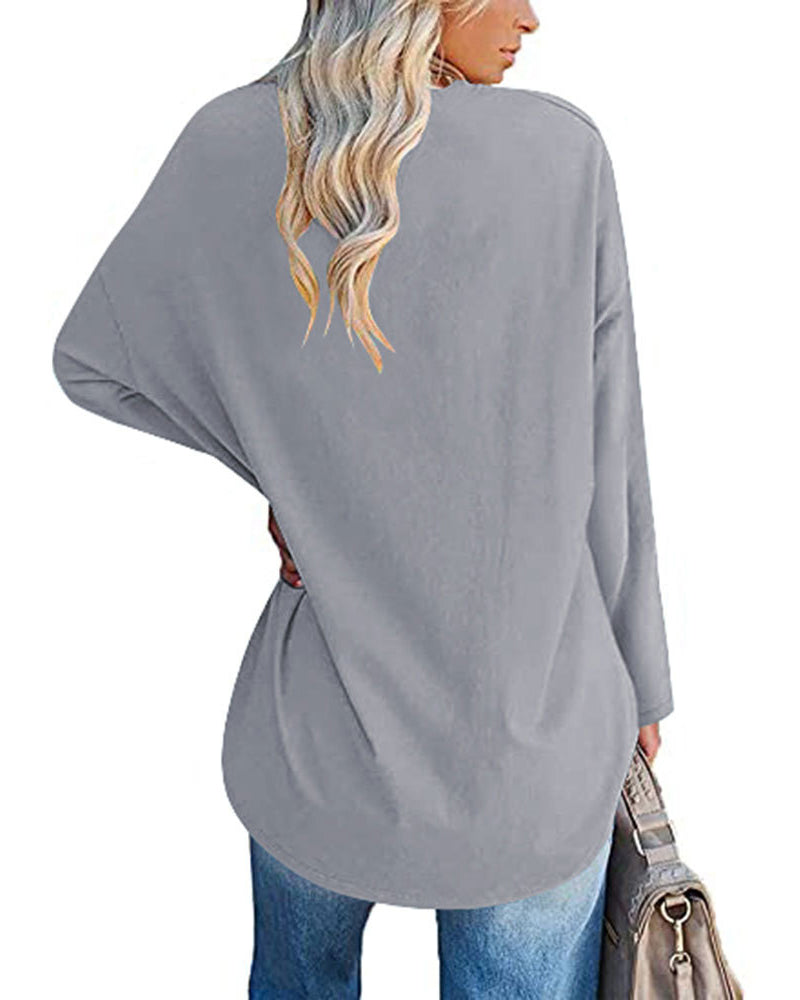 Eveloria Damen Langarm T-Shirt V-Ausschnitt Einfarbig