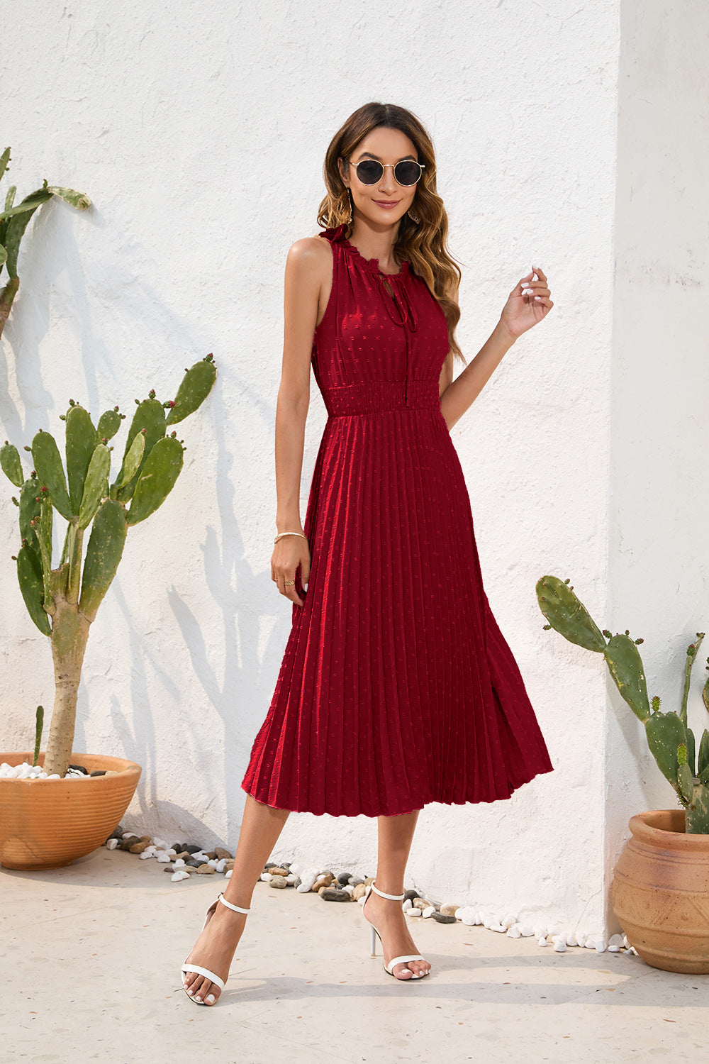 Damen Ärmelloses Plisseekleid Neckholder Kleid Elegant Sommer