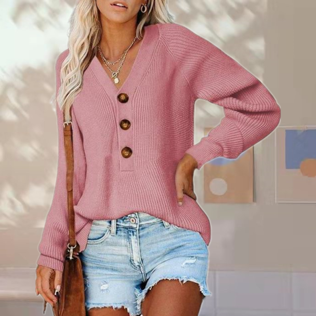 Damen Strickpullover V-Ausschnitt Teil-Knopfleiste