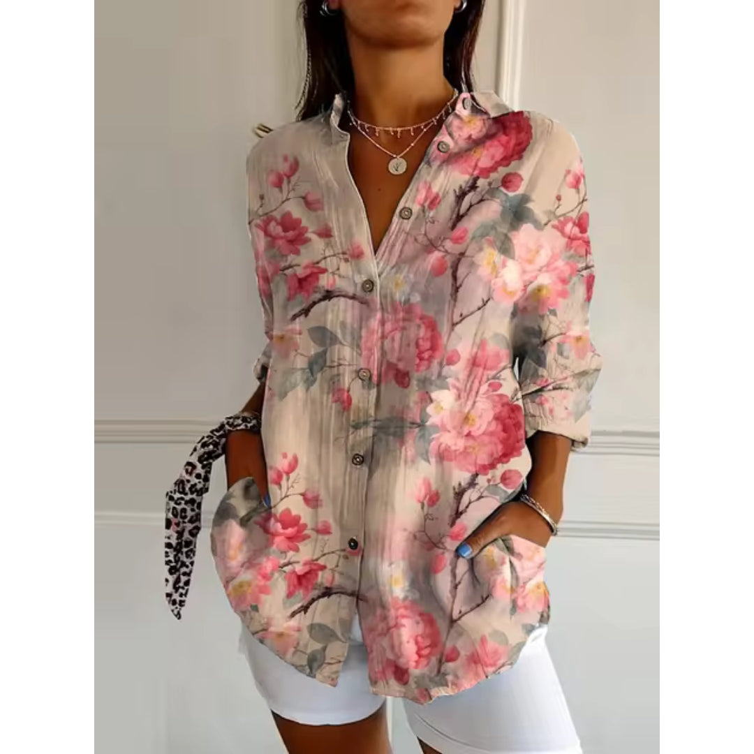 Damen Blumenbluse Knopfleiste Lange Ärmel Luftig Rosa - Eveloria