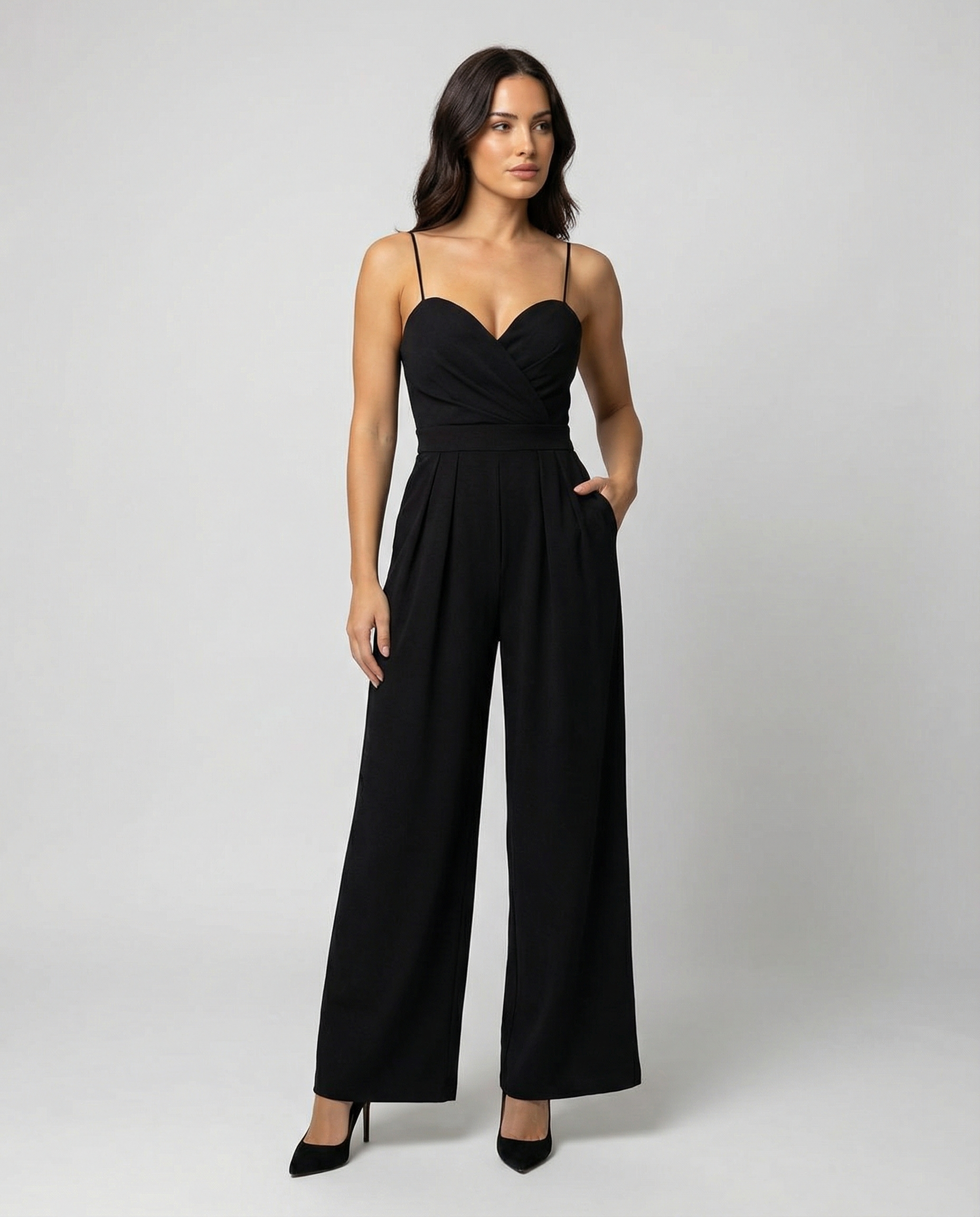 Damen Eleganter Jumpsuit Spaghettibänder Schwarz - Eveloria