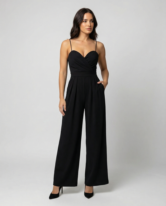 Damen Eleganter Jumpsuit Spaghettibänder Schwarz - Eveloria