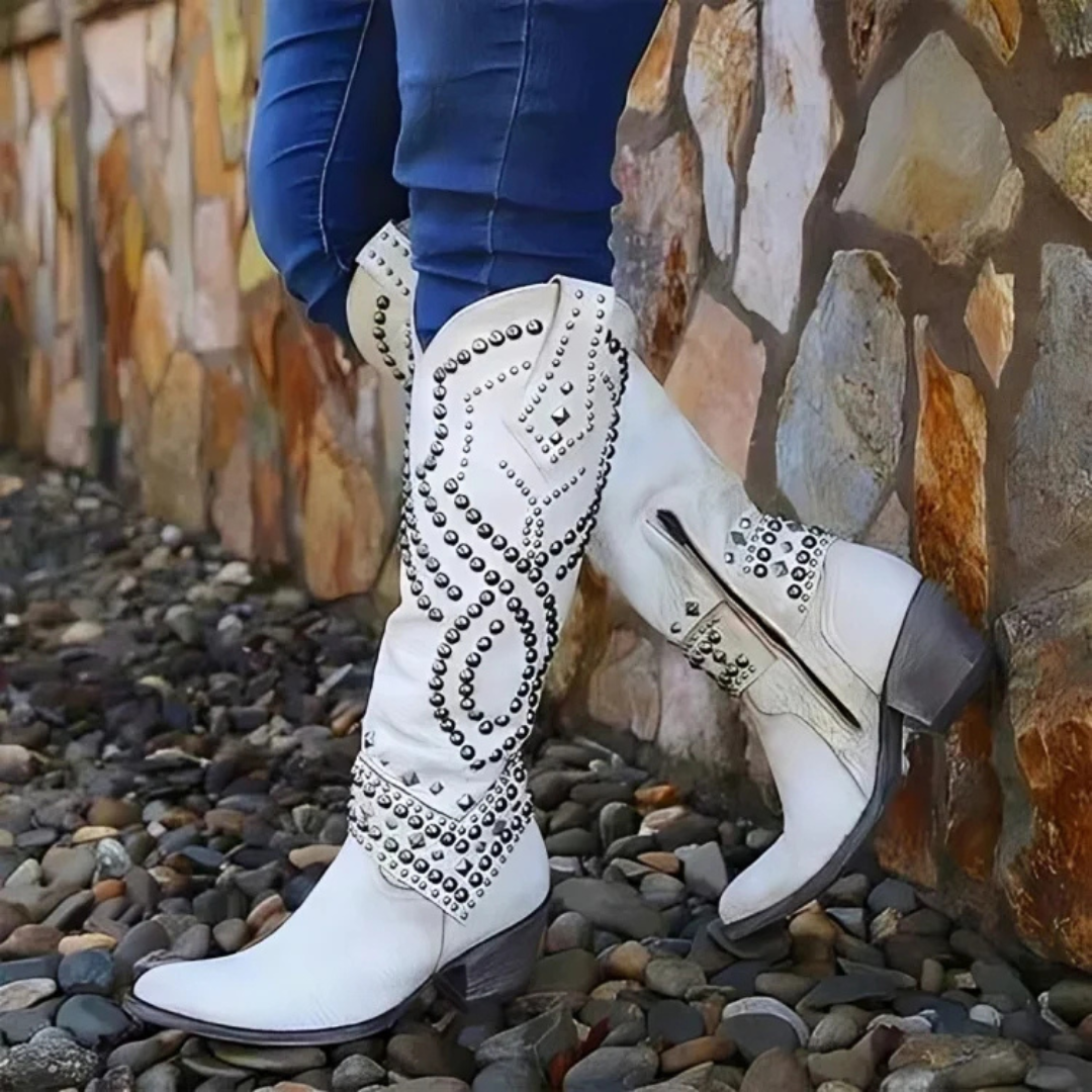 Damen Nieten Stiefel Kniehoch Blockabsatz