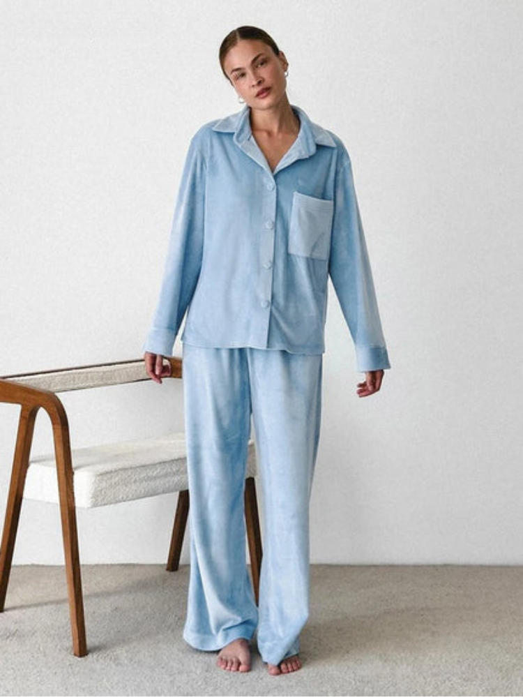Damen Pyjama Set Blau Zweiteiler mit Knöpfen