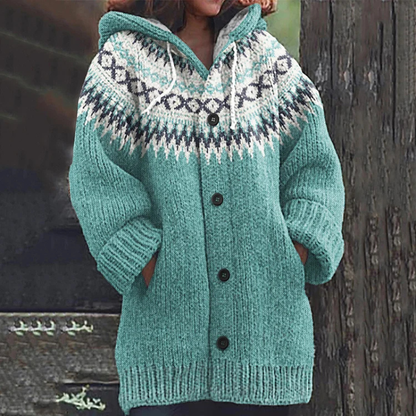 Damen Cardigan Lang Mit Kapuze Knöpfe